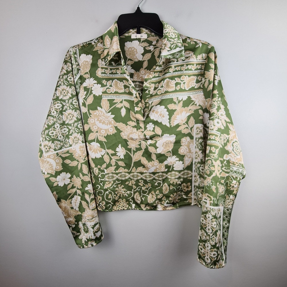 Pleione Womens Green Floral Patchwork Satin Cropped Blouse Top Small Long Sleeve